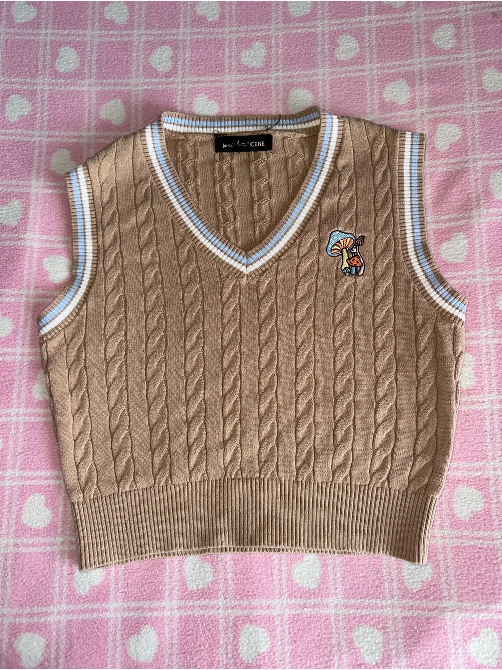 Cable Knit V‑Neck Sweater Vest in Camel with Contrast Trim